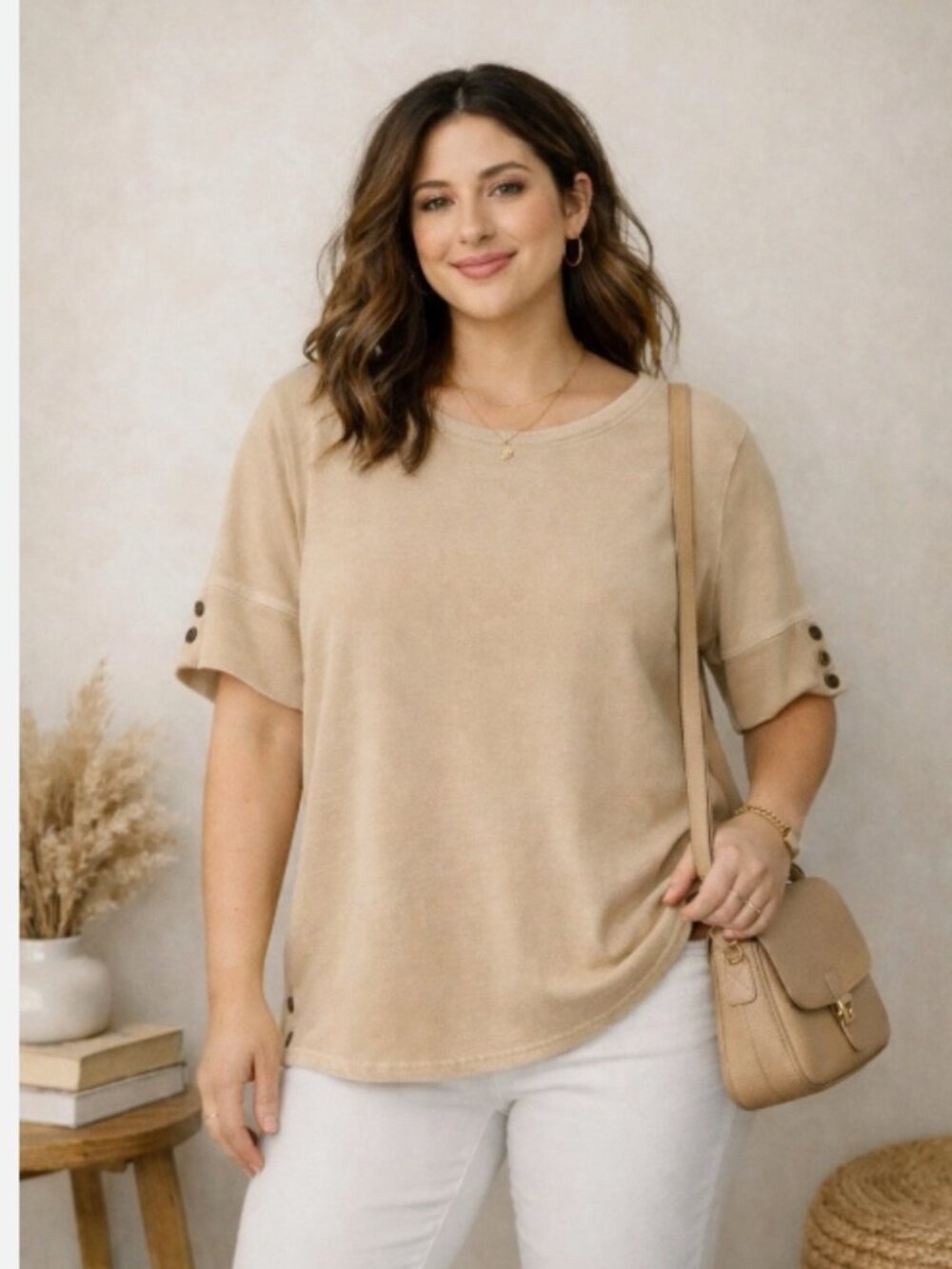 NWT Jane Delancey Crew Neck Short Sleeve w Button Details Cotton Blend Top